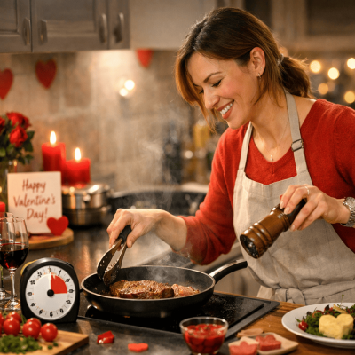 femme-qui-cuisine-un-diner-de-saint-valentin-dans-sa-cuisine-decoree-avec-minuteur