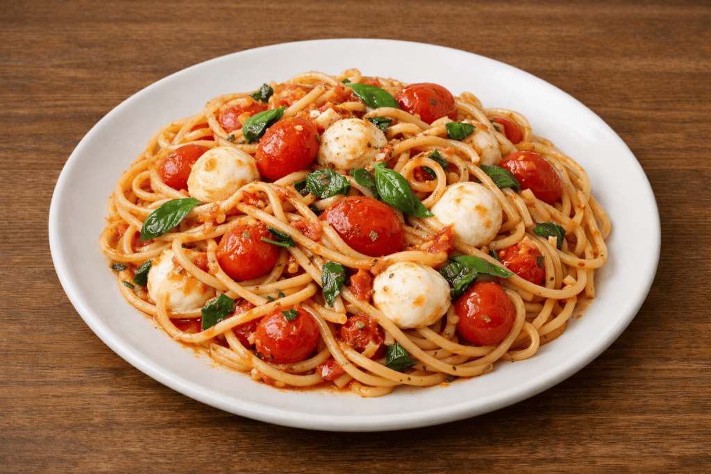 one-pot-pasta-tomates-mozzarella-basilic